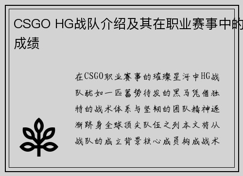 CSGO HG战队介绍及其在职业赛事中的成绩